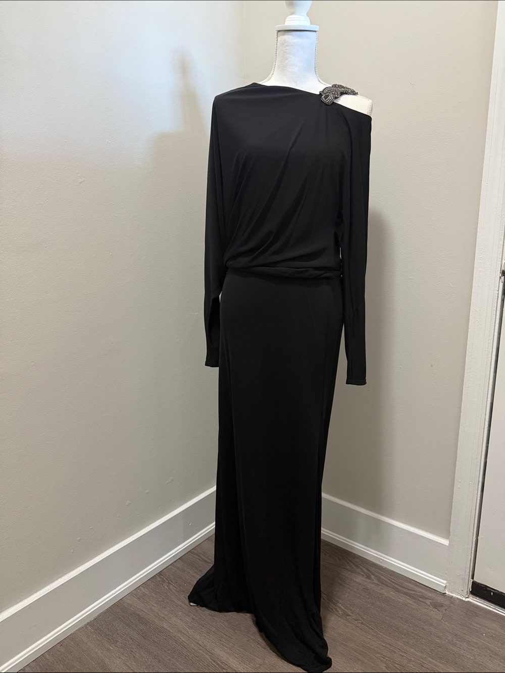 David Meister Black One-Shoulder Gown with Embellished Accent